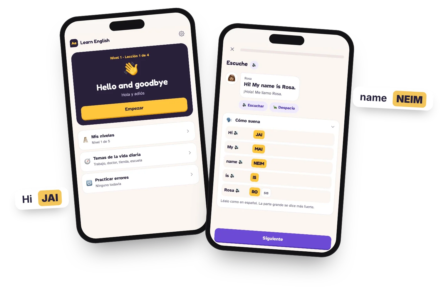 Two phones showing Learn English: the Hello and goodbye lesson, and the Cómo suena help that spells Hi as JAI